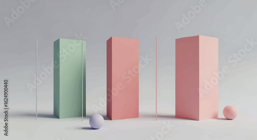 Three pastel-colored rectangular blocks, displayed against a plain background, with a small sphere positioned between them.