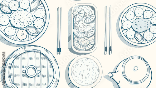 Overhead view of various asian dishes including dumplings and steamed buns with chopsticks arranged nicely