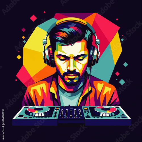 A focused portrait of a male DJ, wearing headphones, intensely concentrating on his mixing console amidst vibrant geometric shapes.