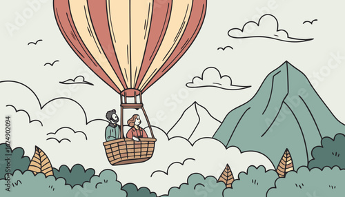 Hot air balloon flight. Banner with people soaring and flying in basket in sky among clouds and mountains. Tourists travel on aerial ballon and observe natural landscapes. Flat vector illustration