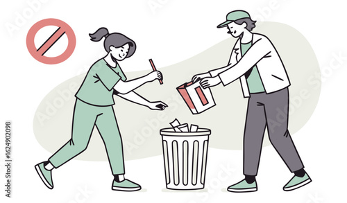 vectorMan and woman quit smoking. Healthy lifestyle, people get rid of bad habits. Taking care of your health, harm from cigarettes. Guy and girl throw pack in garbage. Cartoon flat vector illustratio