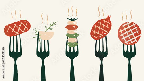 Illustration of five forks each holding different food items with steam rising above them all nicely done