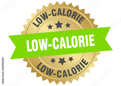 low-calorie. low-calorie round green and gold label isolated on transparent background