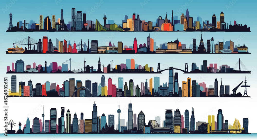 Obraz premium Collection of diverse city skylines, showcasing various architectural styles and urban landscapes across multiple rows.