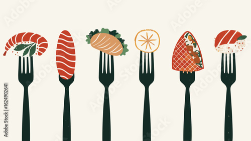 Various food items including sushi and salmon are displayed on the end of six forks in a row here