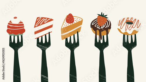 A collection of desserts including cake slices and donuts displayed on forks in a row on white background