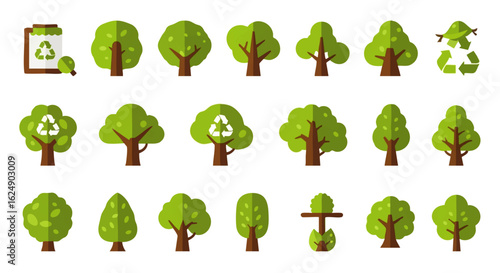 Collection of stylized green trees, emphasizing recycling and environmental themes.
