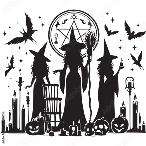 black Coven of witches Silhouette Vector, High Quality Illustration on White Background