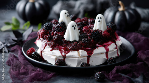 Delight this spooky Halloween dessert featuring creamy cake topped with fresh berries and playful ghost decorations that create festive atmosphere