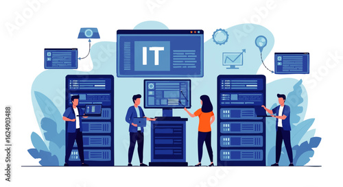 IT team collaborating on a large-scale software project, managing servers and data.