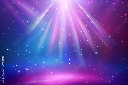 Abstract cosmic background with vibrant purple and blue hues, featuring radiant light beams and sparkling stars, creating a dreamy and ethereal atmosphere for creative projects