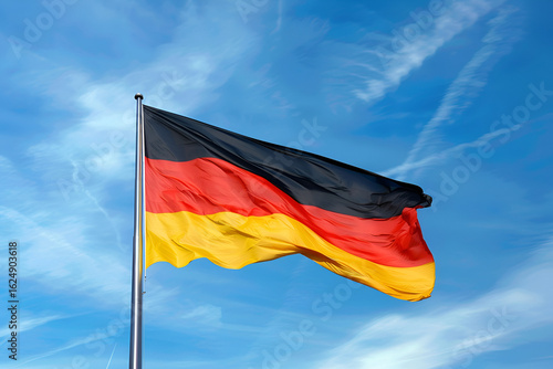 German flag waving against a clear blue sky, showcasing vibrant colors of black, red, and yellow, symbolizing national pride and unity in a beautiful outdoor setting