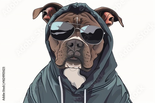Stylish dog wearing sunglasses and a hoodie, exuding a cool vibe, showcasing a playful personality in a vibrant, eye-catching illustration with bold colors and details