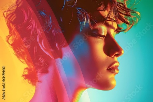 Young woman with curly hair is posed against a vibrant gradient background, showcasing colorful lighting effects that enhance her facial features and create a striking visual impact