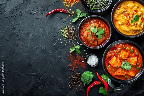 Colorful assortment of flavorful dishes in bowls, featuring vibrant spices and fresh herbs on a textured black surface, showcasing culinary artistry and delicious presentation
