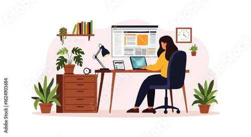 A young woman sits at a home office desk, working on a laptop, surrounded by plants and books.