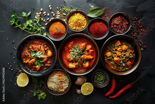 Colorful assortment of traditional dishes in bowls, featuring spices, herbs, and fresh ingredients, beautifully arranged on a dark surface, showcasing culinary art and vibrant flavors