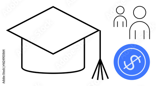Graduation mortarboard next to a dollar sign in blue circle and two abstract human figures. Ideal for finance, education funding, scholarships, tuition, student debt, teamwork, achievement. Simple