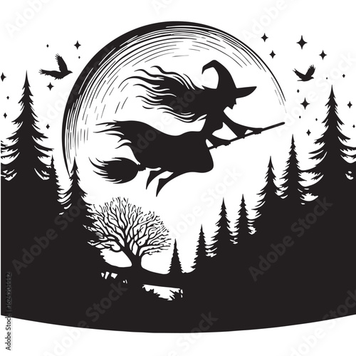 black Flying witch in forest Silhouette Vector, High Quality Illustration on White Background