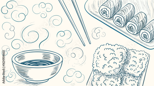 Illustration of sushi rolls tempura bowl of sauce and chopsticks with cloud like swirls around it