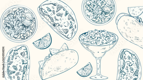 Hand drawn illustration of mexican food including tacos salsa and lime wedges in a seamless pattern