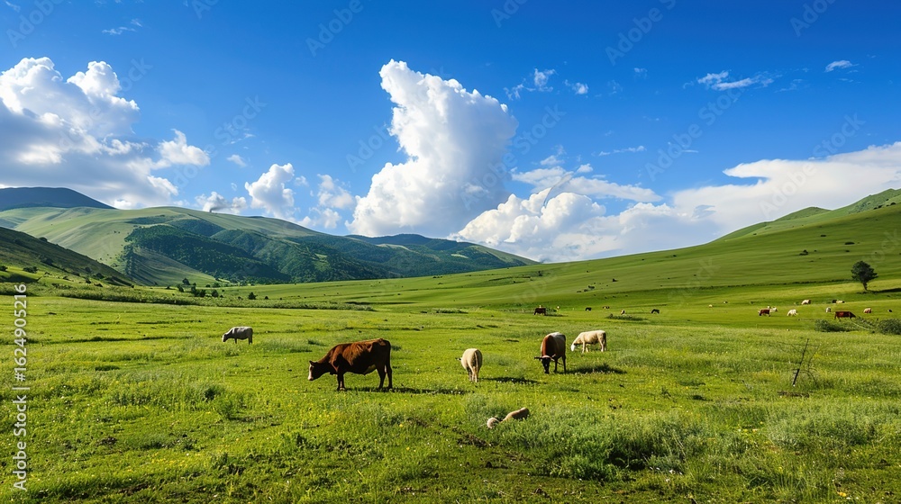 Obraz premium Festive Whispers of the Grassland: New Year Decorations Illuminate Cattle and Sheep Scenery in Charming Images Stretching across the sun-kissed grassland, flocks of sheep and herds of cattle graze pea