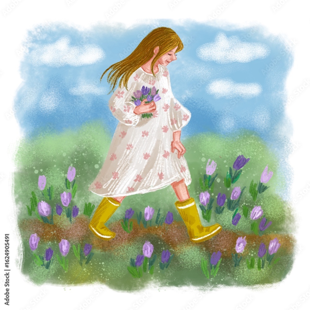 Fototapeta premium young woman walking in spring with tulips