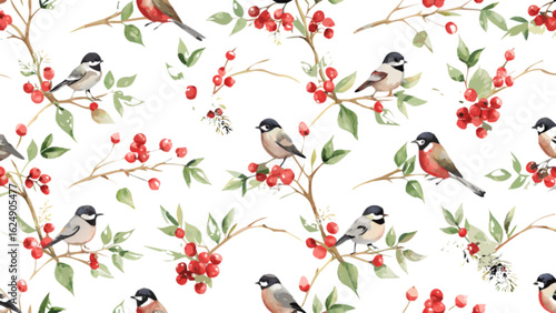 Watercolor birds and berries seamless pattern for christmas winter holiday design background vector art
