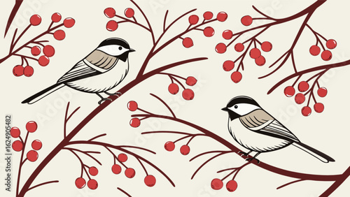 Illustration of two chickadees perched on branches with red berries winter birds art print design 100