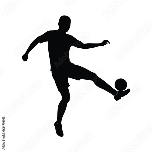 Silhouette of a soccer player kicking a ball, isolated on a white background.