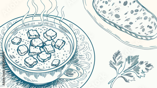 Illustration of a bowl of soup with croutons, bread slice, and a sprig of parsley on the side