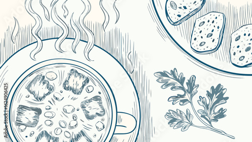 Illustration of a bowl of soup with steam bread and a sprig of parsley on a light background