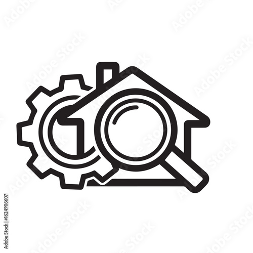 Vector art of magnifying glass and gear icon on house outline