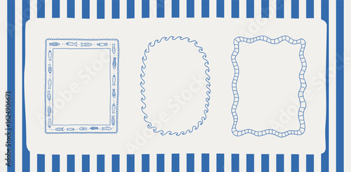 Set of Mediterranean summer whimsical frames. Coquette coastal hand drawn vector borders collection. Nautical decorative retro borders with waves, rope, terazzo shapes. Perfect for summer sea vacation