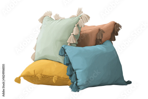 Decorative pillows with tassels interior design home cozy aesthetic. Isolated on transparent background, png.