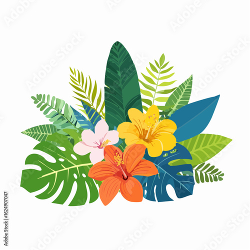 A vibrant tropical floral arrangement featuring hibiscus flowers and lush green jungle foliage in a flat design style