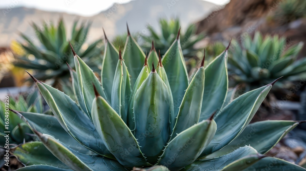 Fototapeta premium Chihuahuan desert agave plants with sharp spines and blue-green succulent leaves arranged in symmetrical rosette pattern against blurred mountain landscape in morning light