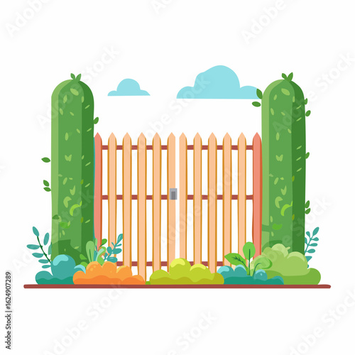 Charming cartoon illustration of a wooden garden gate flanked by lush green topiary bushes under a bright blue sky with fluffy clouds