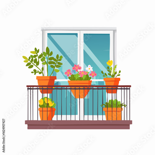 Charming illustration of a balcony adorned with various potted plants and flowers against a backdrop of a modern window with blue glass panes.