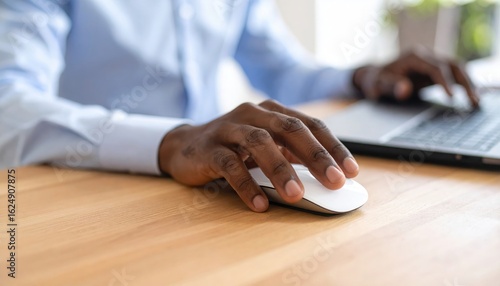Office worker using computer mouse and typing on laptop keyboard