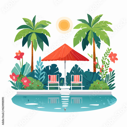 Idyllic tropical poolside scene with palm trees lounge chairs and a vibrant red umbrella on a sunny day with calm water reflections