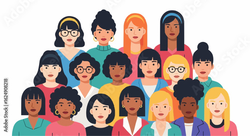 Group of women of different ethnicity, skin color next to each other. Multiple faces creating a pattern of women supporting other women. Colorful vector illustration of female empowerment