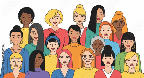 Group of women of different ethnicity, skin color next to each other. Multiple faces creating a pattern of women supporting other women. Colorful vector illustration of female empowerment