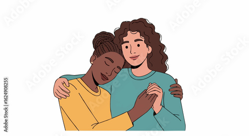 Illustration of two black, brown friends, women, young adults holding and supporting each other. Concept illustration on sisterhood, sorority and strong connection