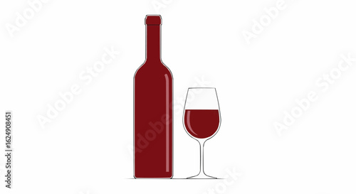 Minimal vector illustration of a red wine bottle and glass on a white background. Perfect for wine-themed designs, food and drink content, bar menus, and elegant branding visuals. Isolated background