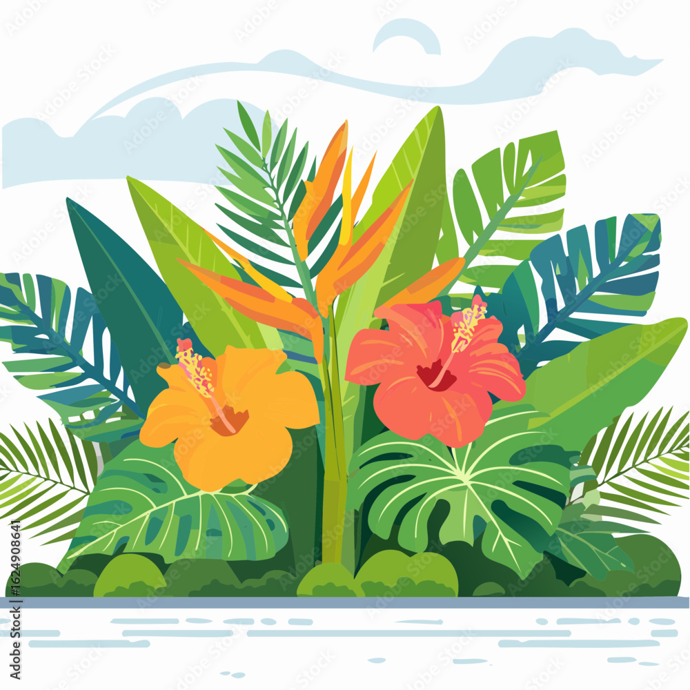 Obraz premium Vibrant illustration of lush tropical foliage and exotic bird of paradise flowers against a cloudy sky and water