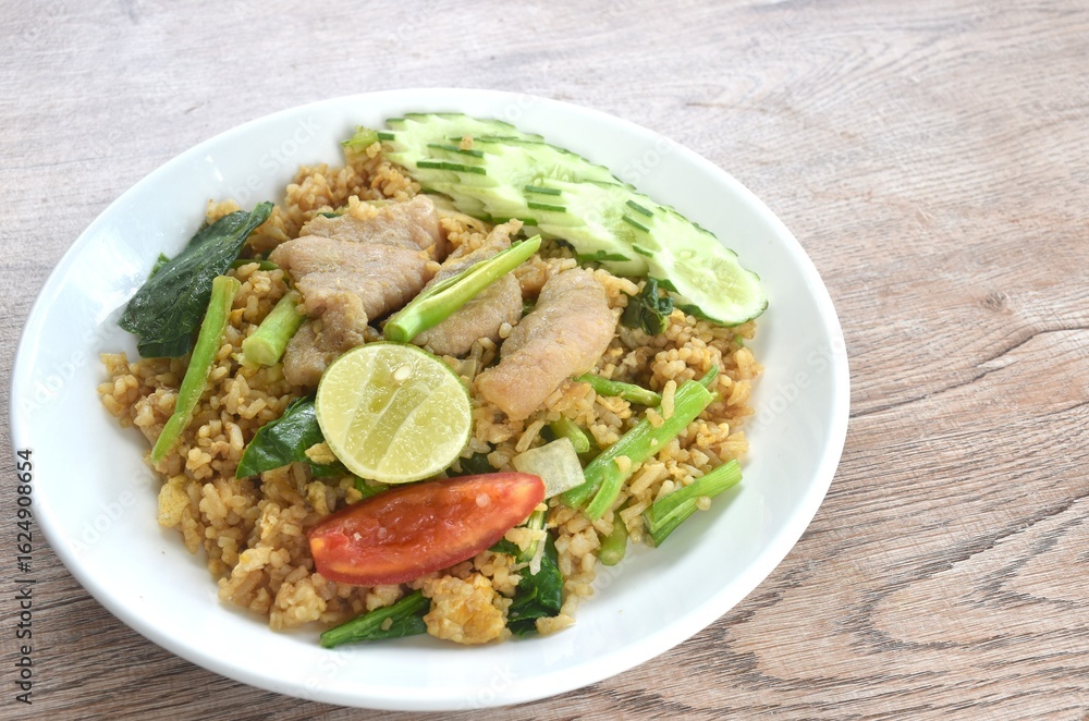 fried rice solf fermenting pork in black sweet soy sauce with slice cucumber couple lemon on plate fried rice solf fermenting pork in black sweet soy sauce with slice cucumber couple lemon on plate