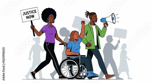 Two dark-skinned protesters, leaders marching together. Disabled person of color protesting. Speak up. No to racism, violence. Colored flat vector illustration isolated on white background
