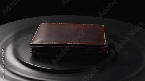 Brown leather wallet on a dark plate