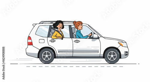 Two women traveling by car, SUV, driver, journey, trip, on the road. Flat vector illustration isolated on gray background